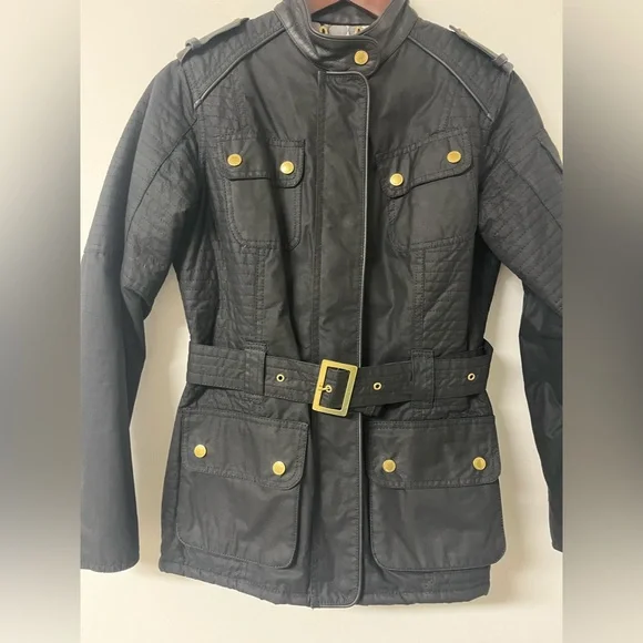 Authentic Barbour Belted Waxed Jacket - Black - Leather Trim Sz US 8 UK 12 - Picture 3 of 14